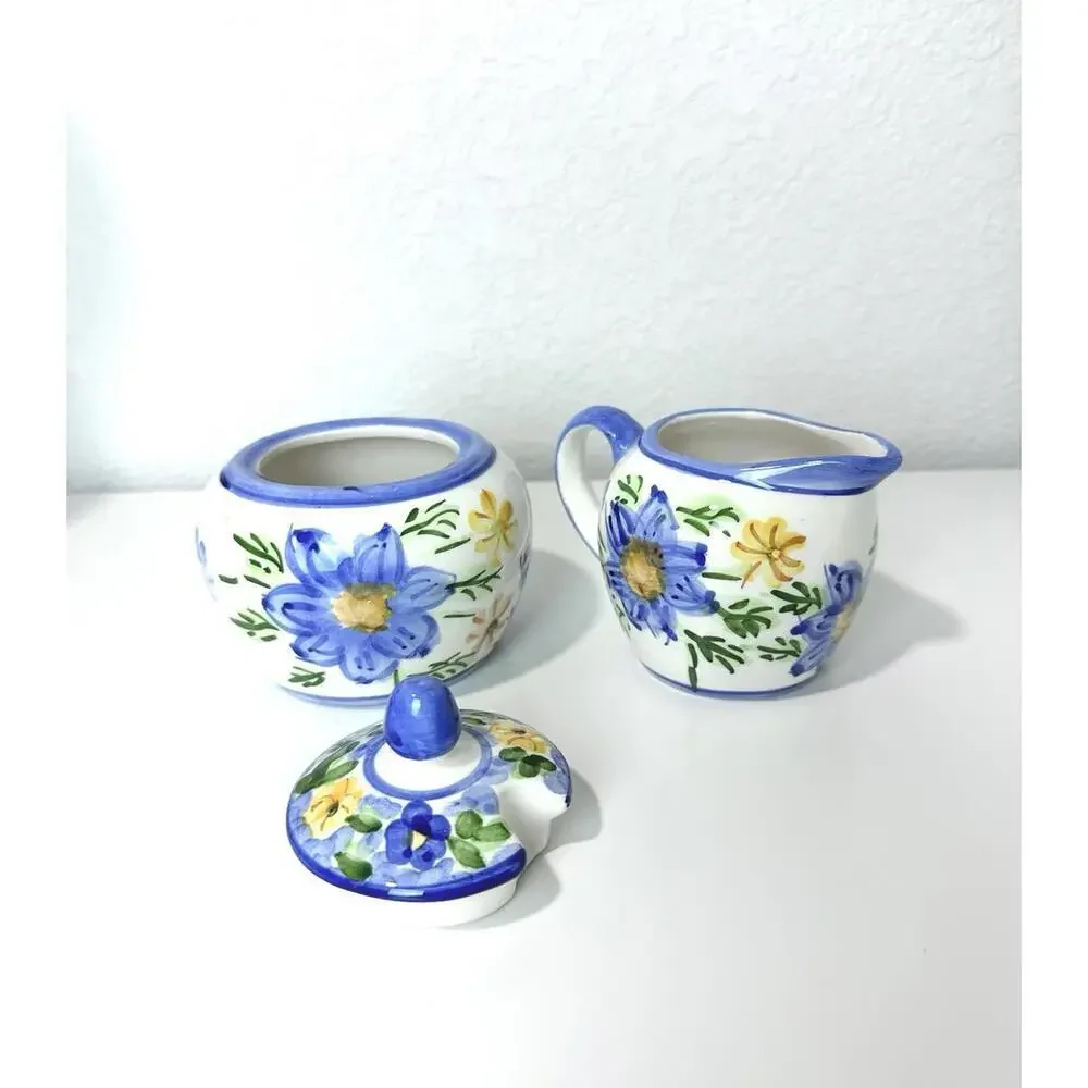 VTG Ceramic Sugar Bowl & Creamer Floral Pattern White Blue & Yellow Italy Made